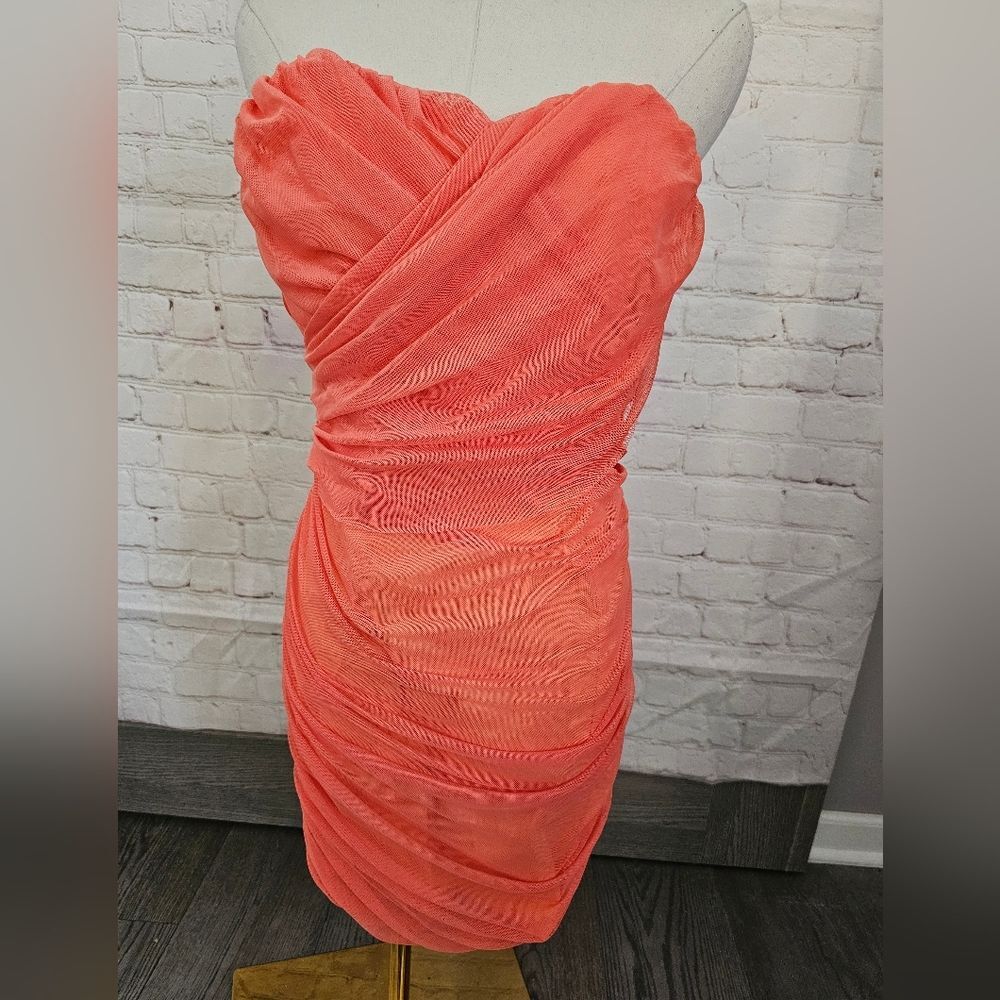 Rare London Mesh Wrap Bandeau Dress with Ring Detail | Coral | UK 10 | NWT